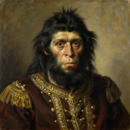 frontal portrait of a neanderthal as the tsar by ilya repin, oil on canvas, 1 8 9 4, tretyakov gallery
