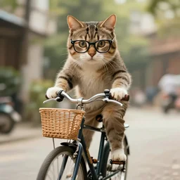 a cat with glasses rides a bike, movie poster