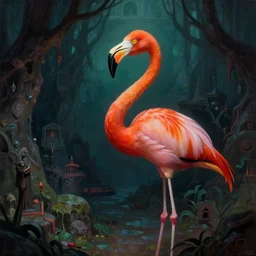 A Flamingo-person alchemist is exploring the grimdarkest dungeon depths. trending on Pixiv. trending on ArtStation. A vibrant painting. A highly detailed fantasy character illustration by Wayne Reynolds and Charles Monet and Gustave Dore and Carl Critchlow