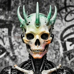 highly detailed closeup portrait of metaphysical robot wearing bonesplitter crown, really epic gradient, by richard kane fergusson, by greg rutkowski, by greg tocchini, by james gilleard, by joe fenton, by kaethe butcher, gradient green orange rainbow, black and white color scheme, grunge aesthetic, graffiti tag wall background