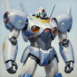 an intricate oil painting of a giant anime robot with rounded and circular parts