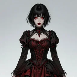 A fantasy character design of short, goth girl with crimson-red eyes, wearing a gothic dress, by Artgerm and Durand, wallpaper, beautiful, cinematic, detailed, high quality, 4K, epic, trending on artstation and behance