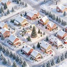 orthographic aerial view of a christmas themed town, snow, pine trees, happy, cute, high detail, 8 k,