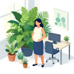 ( ( dither ) ), editorial illustration portrait of an isometric pregnant woman office interior with lush foliage overgrowth, flowers, modern art deco, ( ( mads berg ) ), christopher balaskas, rich grainy texture, detailed, dynamic pose, matte print, risograph, wood block print, unreal engine