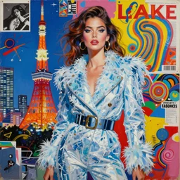 acrylic painting of a woman in ice fashion in tokyo, mixed media collage by basquiat and jackson pollock, maximalist magazine collage art, retro psychedelic illustration