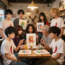 photorealistic anime italian cafe full of talking godlike artists showing off their art, different ethnicities, animal people by akira toriyama wearing chili peppers on their shirts, rim lighting