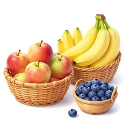 a basket of apples beside a basket of bananas beside a basket of blueberries