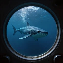a ghost leviathan seen through the porthole of a submarine, dark, underwater,