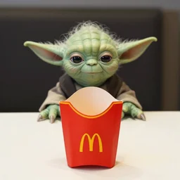 yoda, mad, yoda sitting behind a table inside mcdonald's, small red cardboard box on table, yellow m logo on box, 3 5 mm, f / 2. 8