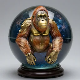 a 3 5 mm f / 1. 4 iso 1 6 0 0 photograph of an ornate brass orangutan, decorated with filigree engravings and mounted on a glass sphere containing a universe.