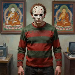 a vigorous and limber photorealistic painting of a simple, conversational, cyberpunk, deeply and exquisite freddy krueger in london, by tim white. tibetan paintings. photorealistic. trending on artstation. photorealistic. unreal engine