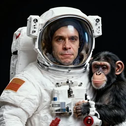 8 - bit, realistic self portrait, astronaut with a chimpanzee.