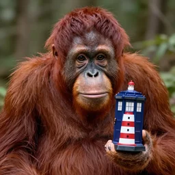 portrait of a red orangutan as doctor who shaking lighthouse toy, photo realistic, highly detailed, perfect face, fine details, by carl spitzweg, ismail inceoglu, vdragan bibin, hans thoma, greg rutkowski, alexandros pyromallis
