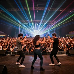 full frame three friends dancing at a concert, huge crowd and lasers, hyper detailed, octane render, vivid colors, artstation, by jeremy mann, professional photography