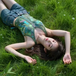 🍃 a girl laying on grass, style artstation, style greg rutkowsk, octane render, unreal engine 6, epic game graphics, fantasy, cyberpunk, conceptual art, ray tracing