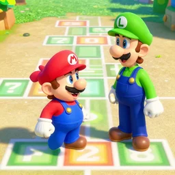 super mario playing hopscotch with luigi