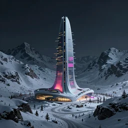 a snowy mountain scene by arthur haas and bruce pennington and john schoenherr, cinematic matte painting in the style of glitch art, minimal modern pixel sorting, zaha hadid building, photo realism, neon lights, dark moody color palate,