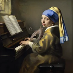 octopus playing piano, sitting on the piano stool, oil painting, vermeer