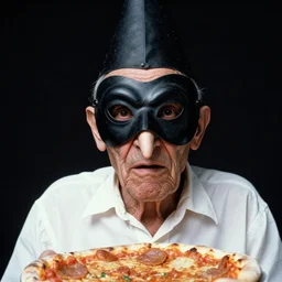portrait photo of an old wrinkled man, skinny face, bony face, long nose, crooked nose, large full mouth, black pulcinella masquerade mask, pointy conical hat, white wrinkled shirt, presenting pizza, black background, close - up, skin blemishes, menacing, intimidating, photo by arnold newman