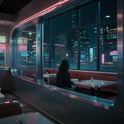 vertical movie frame portrait of girl in 5 0's retro restaurant interior, neon - decorated urban on night in the city seen through the window, modern interior design, architectural design, vintage, night blade runner, dark, postapocalyptic, clean lines, 4 k, octane, lunarcore city at distance, big windows, octane, wide angle