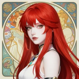 beautiful portrait of aloy from horizon zero dawn, long bright red hair and pale skin, delicate features, trending on artstation, bright colors, by wlop, by kan liu, by alphonse mucha, by geoffrey chan, art nouveau