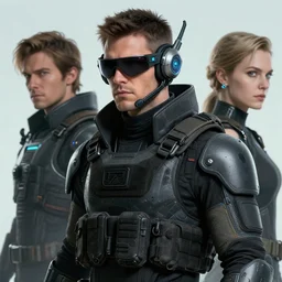 male cyberpunk wearing a cyberpunk headset and tactical gear. In style of travis charest and laurie greasley, detailed