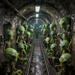 a subway tunnel full of aliens, realistic, extremely detailed, sharp focus, wide view, smooth, digital illustration, intense colors, octane render, unreal engine 6, ray tracing, by james jean, by rossdraws, by frank franzzeta, by mcbess, by sakimichan, by brosmin, by danton fadeev, by steve simpson