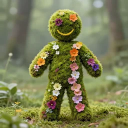 a human figure made of moss and flowers