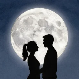 a beautiful watercolor painting of a full moon, a black couple in love, digital painting, artstation, concept art, lighting by delphin enjolras, smooth, dynamic lighting