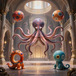 magic fight of colorful Ouroboros and enormous octopus floating around inside an ancient mage castle hall colossal scale, gothic and baroque, brutalist architecture, ultradetailed, intricate details by Ellen Jewett and Ayami Kojima