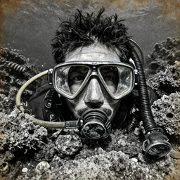 high-contrast collage, extravagant rocky sea floor glimmering thin contours mixed media aged fresco, abandoned scuba visor portrait