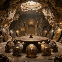 furnished cave room, ornate shields repurposed as large table, exquisite, volumetric lighting, 8 k octane beautifully detailed render, post - processing, extremely hyper - detailed, intricate, epic composition, cinematic lighting, masterpiece, trending on artstation, stunning art by anders zorn, by frazetta, beautiful cinematic light
