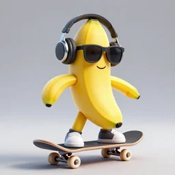 a banana wearing headphones and shades on a skateboard, highly detailed, 3 d rendered, high quality, coherent,