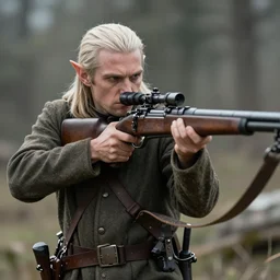 A High Urban fantasy WW1 elven sniper holding a enchanted rifle detailed realistic High Resolution HD 8k