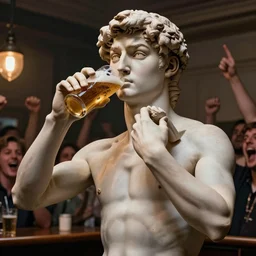 the statue david from michelangelo drinking a beer, in a sportsbar full of cheering people