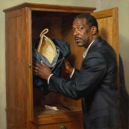dramatic oil painting of steve harvey on an odyssey to find and recover his lost bick in the cabinet, action shot, cinematic