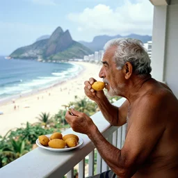 oldman Eating an Acarajé on the balcony watching the Brazil Beachs, photo made by Slim Aarons, award winning,