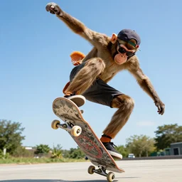 monkey, skateboarding like a pro, still, mid kick flip, wearing sun glasses and a backwards baseball cap