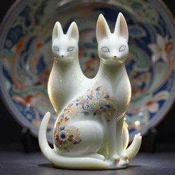 a photo - real delicate ceramic porcelain sculpture of an ornate detailed kitsune in front of a intricate background by victo ngai and takato yamamoto, micro detail, backlit lighting, subsurface scattering, translucent, thin porcelain, octane renderer, colorful, physically based rendering, japanese pottery, trending on cgsociety