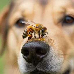 macro photography of a bee landing on the pollen covered nose of a dog. bokeh. contest winning photography. 4 k. hyper - realistic