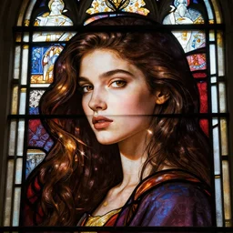 beautiful face young woman inscribed on stained glass of gothic church, dynamic lighting, cinematic, establishing shot, extremely high detail, shining, photo realistic, cinematic lighting, intricate line drawings, 8k resolution