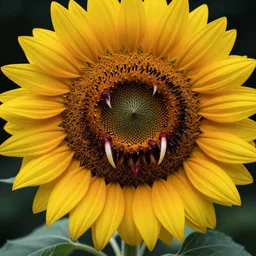 a photo of evil sunflower, human mouth, teeth, fangs, carnivorous, monster, scary, haunting, 5 0 mm