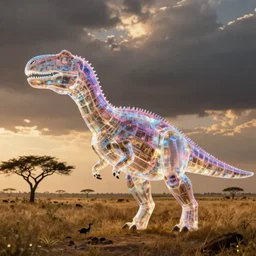 translucent neon psionic dinosaur on the savannah during golden hour, fantasy concept art