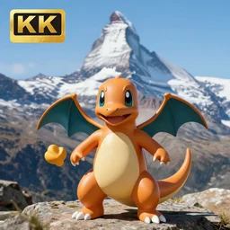 charmander in front of the matterhorn. professional portrait photo, sharp focus, 8 k.