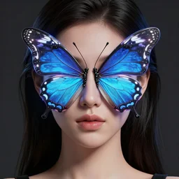portrait beautiful woman with a neon butterfly covering her face head, fixed eyes, symmetrical face, perfect hair, perfect glowing skin, perfect lips, textured, butterflies, occult, magic, ultra detailed, realistic, perfect lips, 3 d render, cinema 4 d, octane render, very detailed professional 3 d render, award winning, sports illustrated models