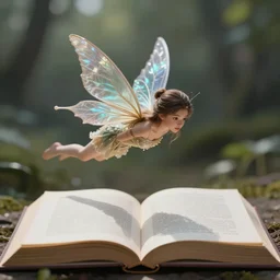 a fairy hovers above an open book, highly detailed, digital painting, sharp focus, fantasy art