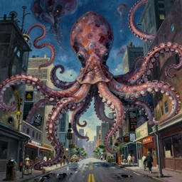 stormy squid tentacles in sky. nightmare anomalies. very low angle. very detailed painting by ghibli studios, futuristic. dreamlike. weird. horrific. wet asphalt. city street at 1 9 5 0 s. low angle. old photo. atmospheric. skyscrapers. vivid colours, mysterious. epic scene. 4 k. hyper detailed.