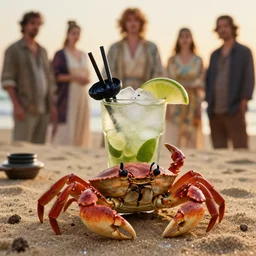 a crab drinking a mojito at the beach, golden hour, depth of field, zeiss lens, detailed, donato giancola, Dante Gabriel Rossetti, alphonse mucha, Joseph Christian Leyendecker, WLOP, Boris Vallejo, Annie Leibovitz and Steve McCurry, David Lazar, Jimmy Nelsson, Breathtaking, 8k resolution, extremely detailed, beautiful, establishing shot, artistic