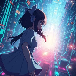 anime girl by davinci trying to escape a vast technological grid, bloom effect, pixiv contest winner, scenic hi - tech atmosphere