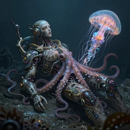 underwater photography of a biopunk human corpse in symbiosis with an octopus and a jellyfish, intricate and ornate alien technology, bioluminescence, bloom, dim rim lighting, by victor grasso and scott musgrove, anton semenov and tooth wu, digital illustration, concept art, cg society